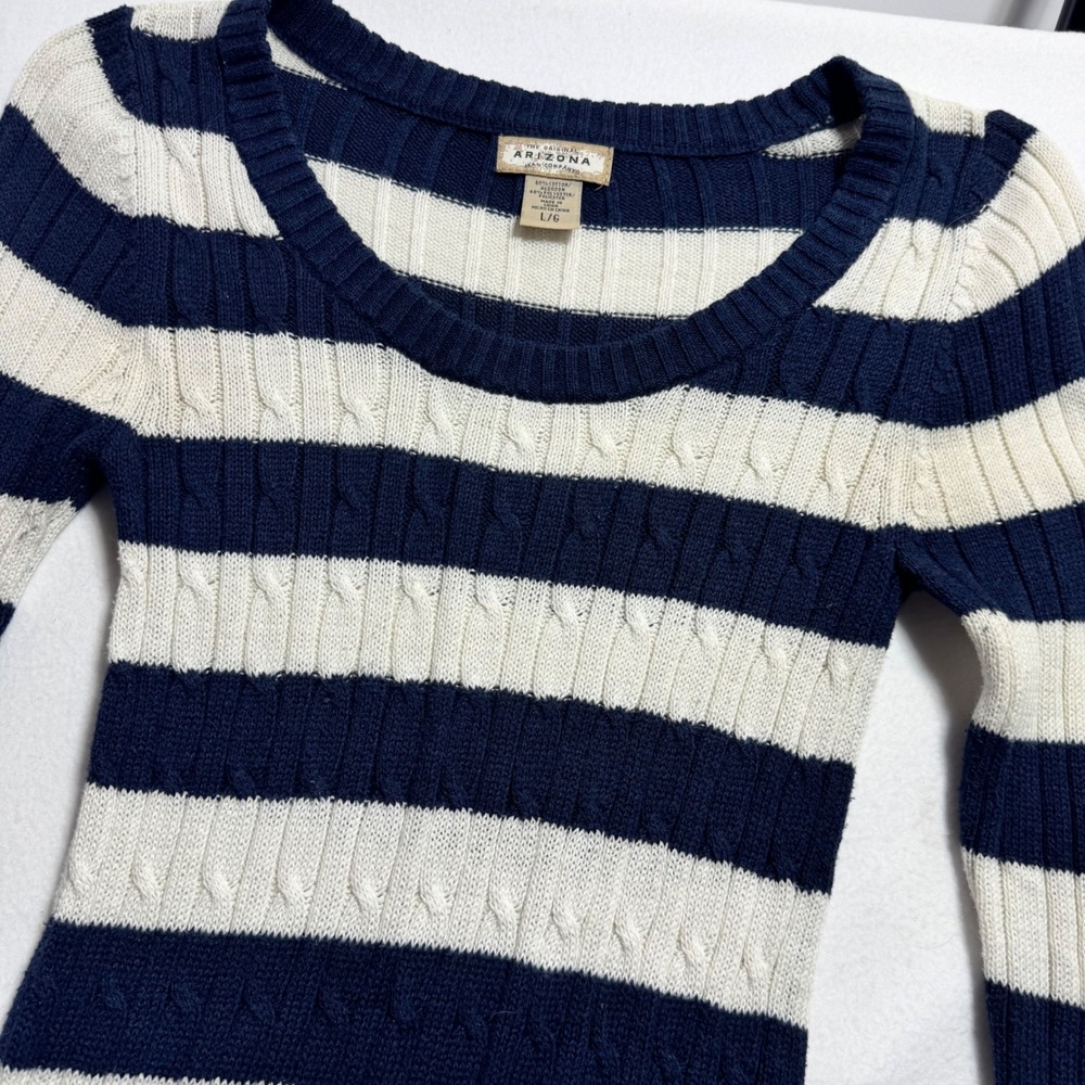 Arizona Jean Company Sweater L Navy Blue White Striped Cable Knit Scoop Neck
